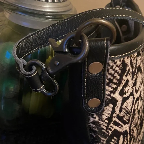 Myra Bag Black and Tan Antiquated Leather & Hairon Snake Print Bag - Picture 6 of 15